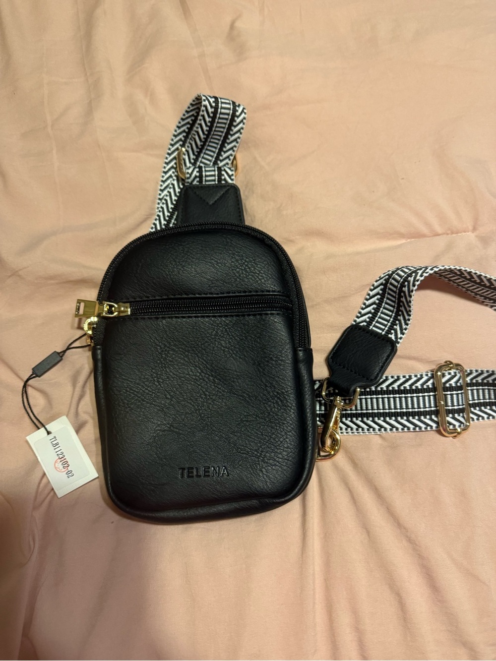 Telena Black Leather Crossbody Sling Bag with Patterned Strap